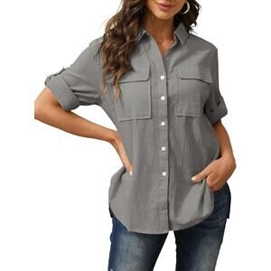 Women’s XL Gray Short Sleeve Button Down Collared Blouse with Pockets
